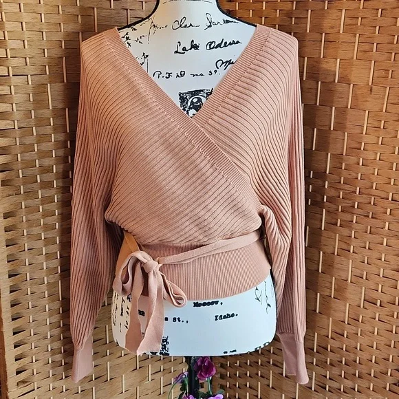 LOVE TREE, Relax Ribbed Knit Wrap, Waist Tie Sweater, Sz M ,Clay Color - Picture 2 of 7